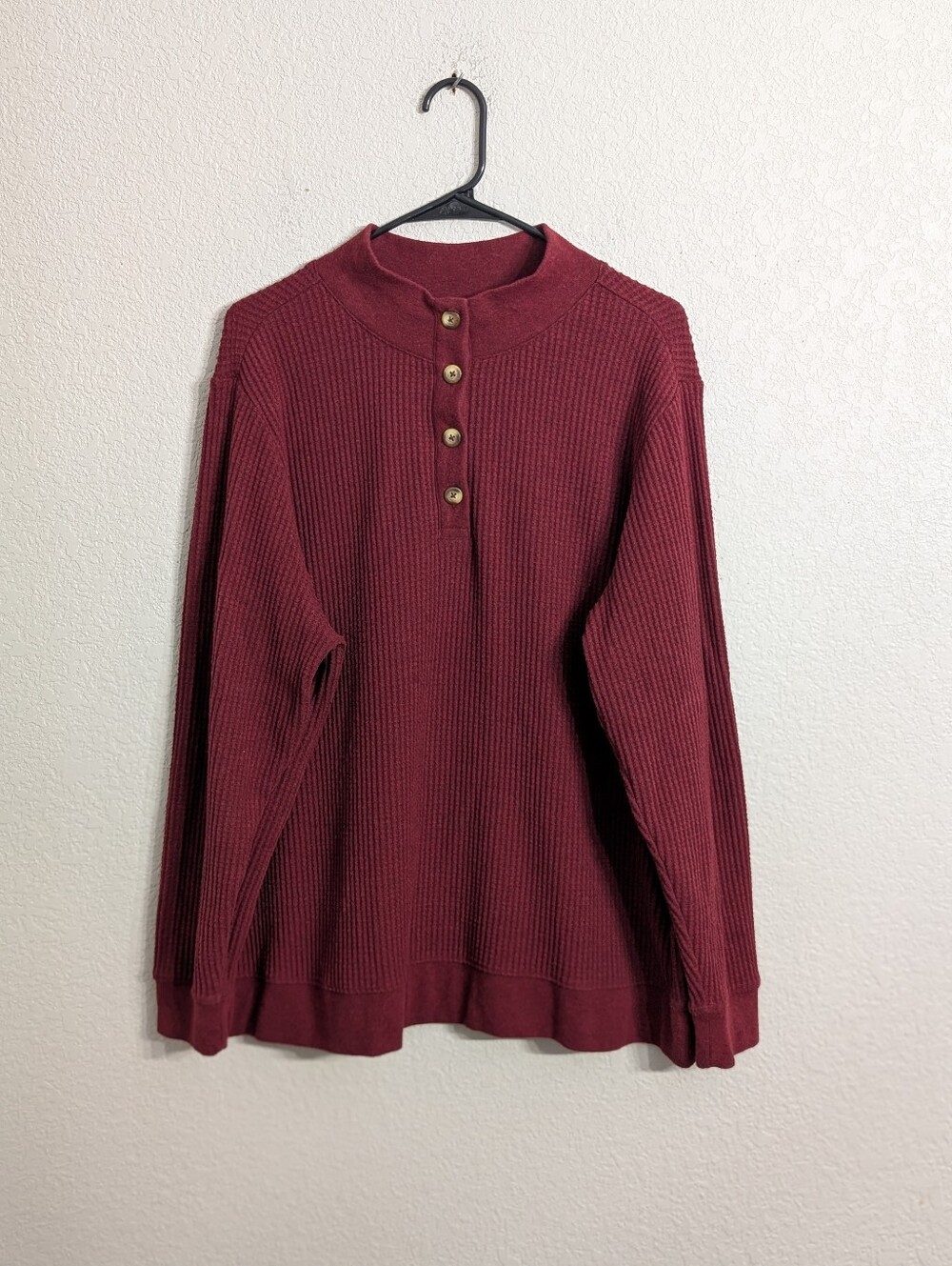 Lands' End Women's Thermal Waffle Knit Henley Top Size 1X Long Sleeve Burgundy